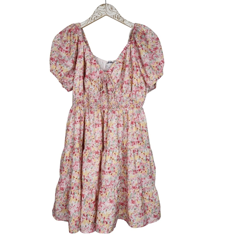 ARULA Dress Womens X Pink Yellow Floral Puff Sleeve Smocked Waist Mini Babydoll
